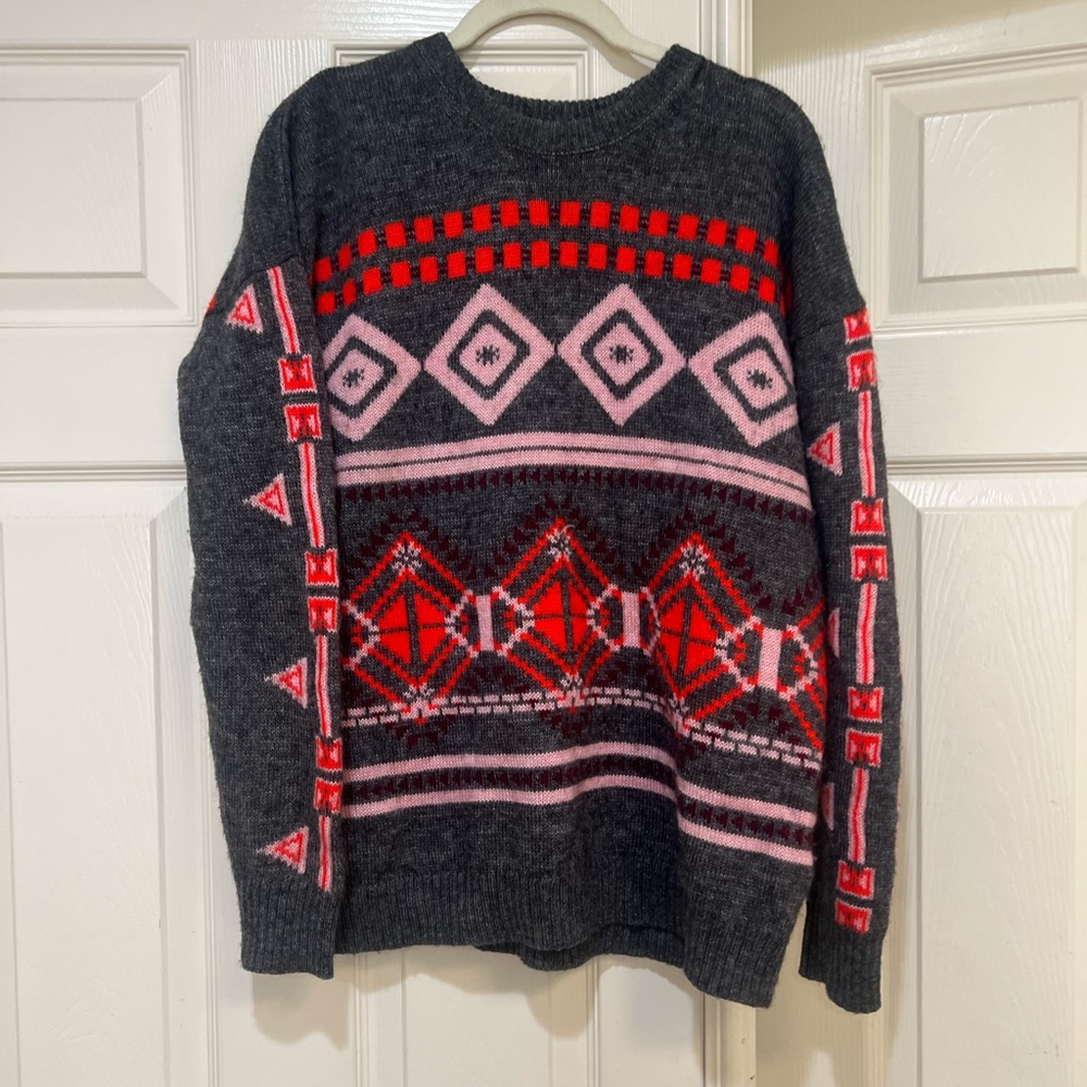J. Crew Abstract Fair Isle Tribal Pullover Sweater Size Medium Wool Mohair Blend - Picture 3 of 10